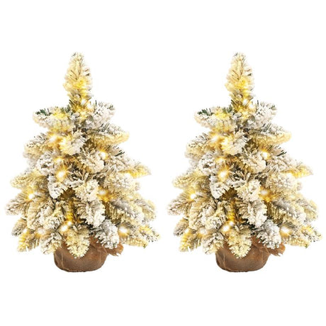 HOMCOM 1.5ft Mini Artificial Christmas Trees with Lights Set of 2, Snow Flocked Tabletop Christmas Trees with Base, Battery Operated, Desktop Party Decoration