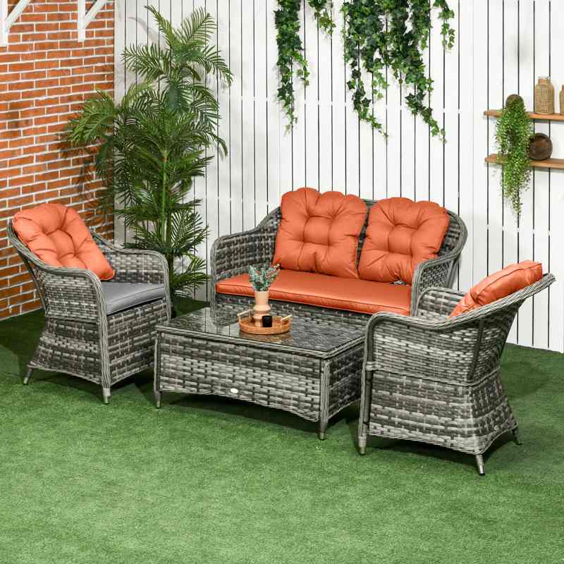 Outsunny Four-Piece Rattan Sofa Set, with Glass-Top Table - Orange