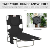 Outsunny Foldable Sun Lounger, Beach Chaise Lounge with Reading Hole, Arm Slots, 5-Position Adjustable Backrest, Side Pocket, Pillow for Patio, Garden, Beach, Pool, Black