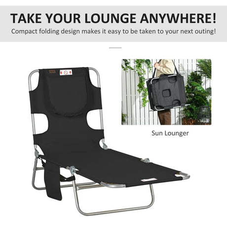 Outsunny Foldable Sun Lounger, Beach Chaise Lounge with Reading Hole, Arm Slots, 5-Position Adjustable Backrest, Side Pocket, Pillow for Patio, Garden, Beach, Pool, Black