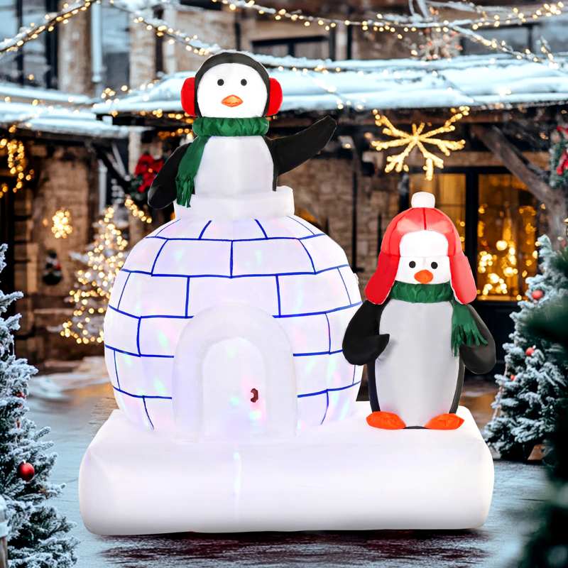 HOMCOM 5ft Christmas Inflatable Two Penguins Wearing a Scarf with Ice House Blow Up Decor Home Indoors with Built-in LED Lights Outdoor Toys in Lawn Garden