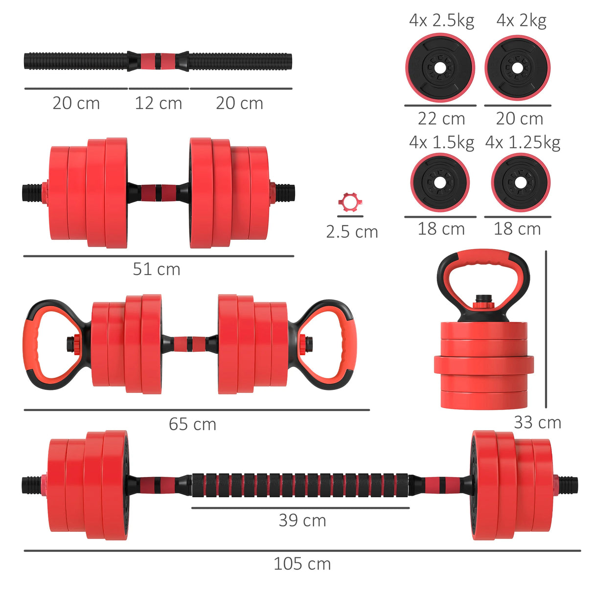 SPORTNOW 30kg Four-In-One Adjustable Weight Dumbbells Set, Barbell, Kettlebell, Push Up Stand - Red