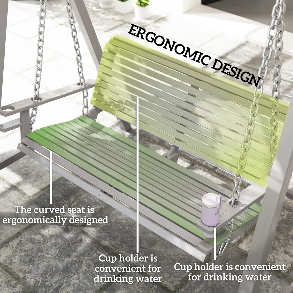 Outsunny 2 Seater Garden Swing Seat, Wooden Swing Chair Bench with Cup Holders for Outdoor Porch Patio, Grey