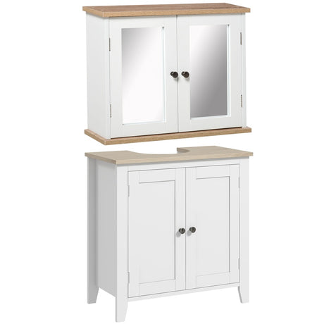 kleankin Bathroom Furniture Set, Mirror Cabinet Wall Mounted with Adjustable Shelf, Bathroom Sink Cabinet with Storage, White and Wood Grain