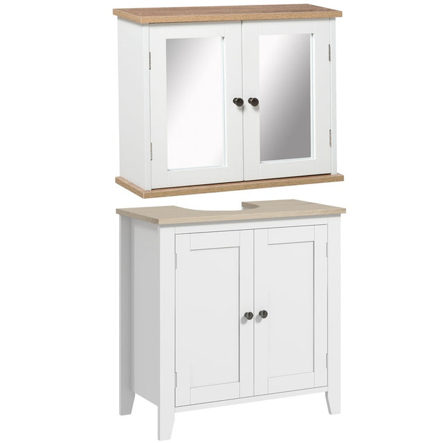 kleankin Bathroom Furniture Set, Mirror Cabinet Wall Mounted with Adjustable Shelf, Bathroom Sink Cabinet with Storage, White and Wood Grain