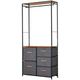 HOMCOM Chest of Drawers with Coat rack Steel Frame 5 Drawers  Bedroom Hallway Home Furniture Black Brown