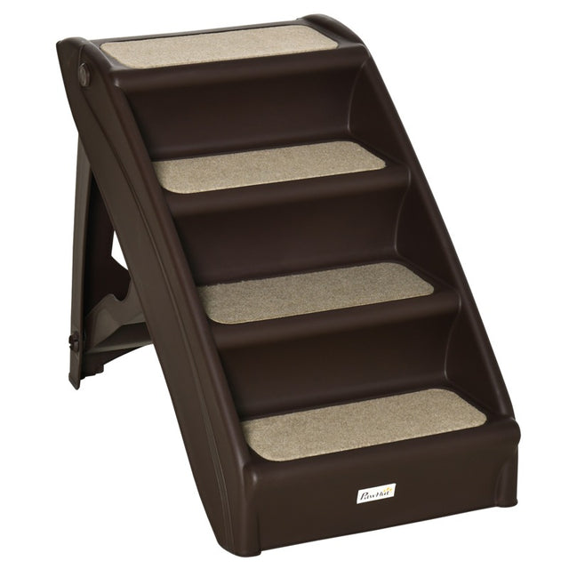 PawHut Foldable Four-Step Pet Stairs, for Cats, Small Miniature Dogs, with Non-Slip Mats 62 x 38 x 49.5cm - Brown