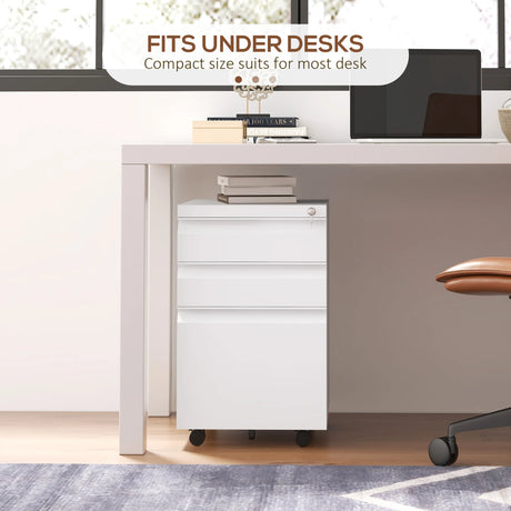 Vinsetto 3-Drawer Filing Cabinet with Lock, Mobile Steel File Cabinet for A4, Legal and Letter Size, Under Desk Drawers with Pre-Assembled Body for Home Office, 37 x 43.5 x 60 cm, White