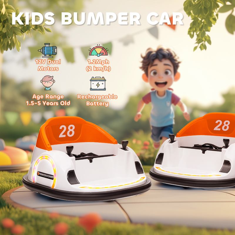 AIYAPLAY 360 Rotation Kids Bumper Car, 12V Waltzer Car with Remote Control, Dual Joysticks, Music Lights, Orange