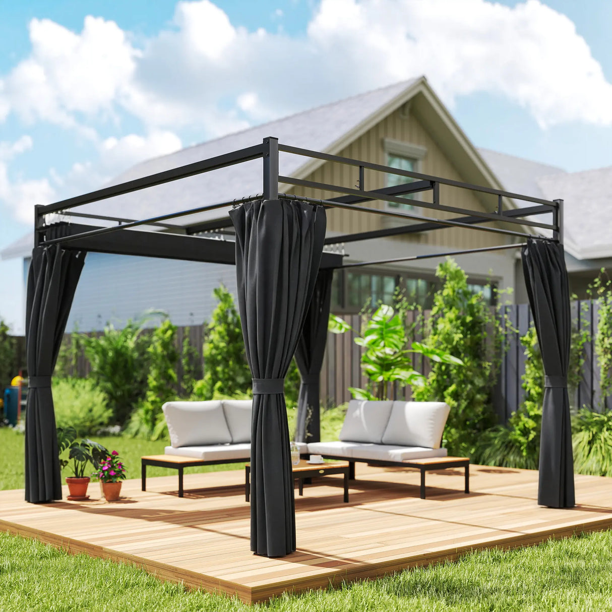 Outsunny 3 x 3 m Pergola with Retractable Roof Canopy and Curtains, UPF30+ Metal Frame Garden Pergola Gazebo Sun Shade, Dark Grey