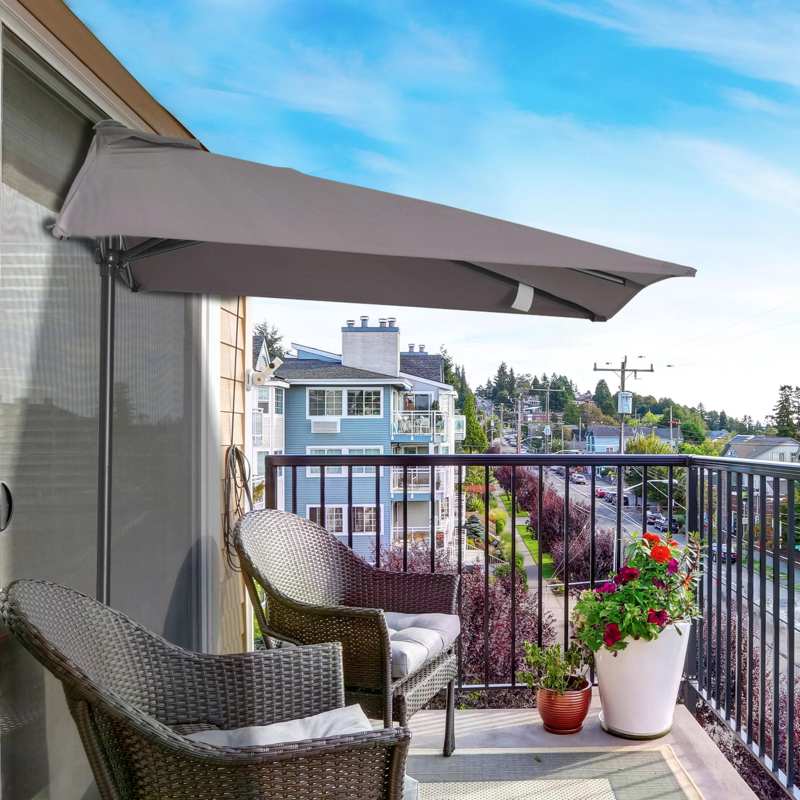 Outsunny Balcony Half Parasol Semi Round Umbrella Patio Crank Handle (2.3 m, Grey)- NO BASE INCLUDED