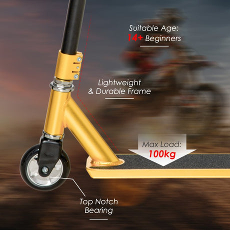 HOMCOM Stunt Scooter, 360° Entry Level Tricks Scooter w/ Lightweight Aluminium Deck and ABEC 7 Bearing, For Age 14+ Beginners, Gold Tone