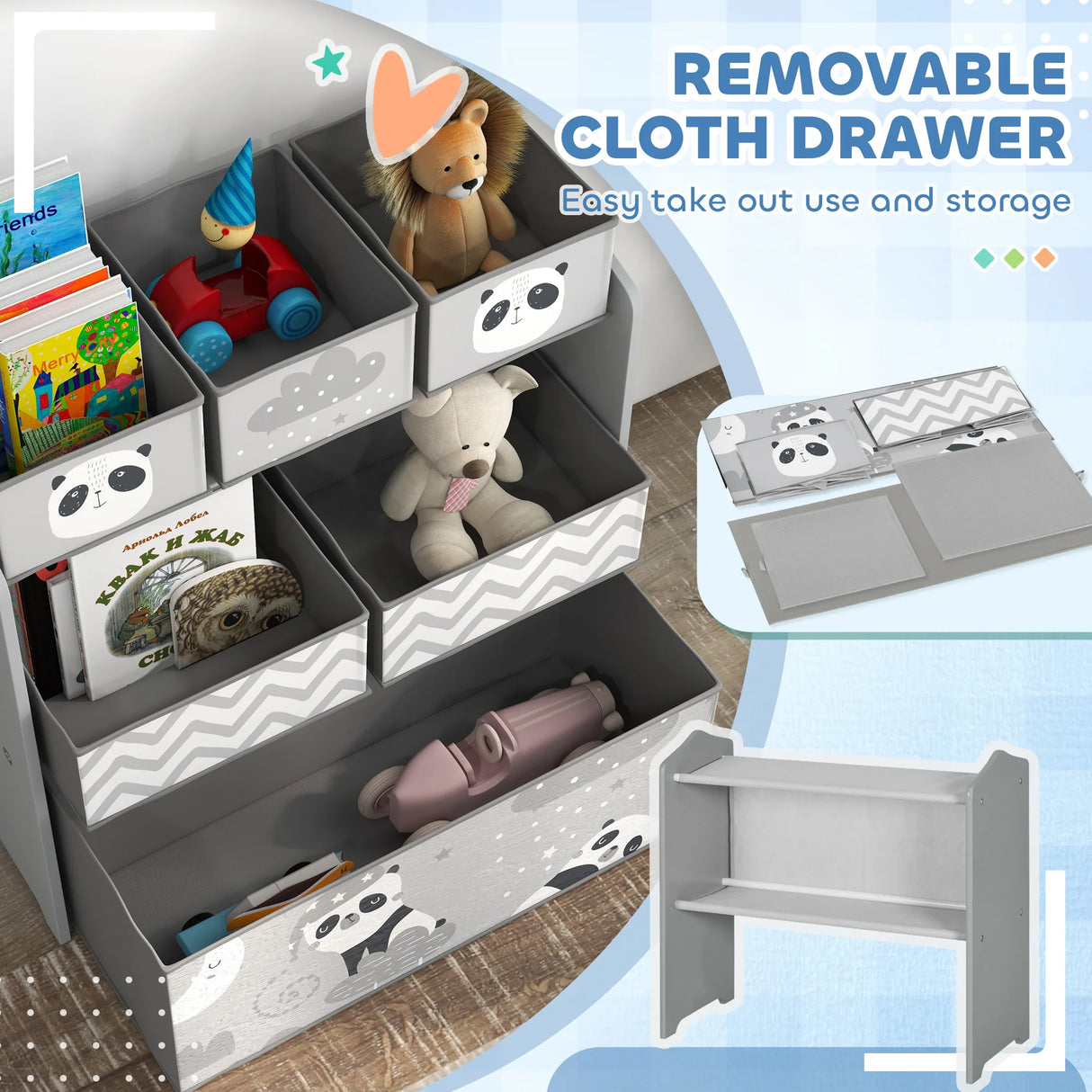 ZONEKIZ Kids Table and Chairs, Kids Storage Unit and Kids Easel Set, Cute Animal Design Kids Activity Furniture Set for Ages 3-8 Years, Grey