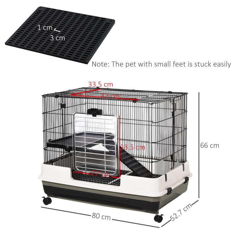 PawHut 2 Tier Rolling Small Animal Rabbit Cage Chinchillas Hutch Pet Play House with Platform Ramp Removable Tray 80 x 52.7 x 66 cm