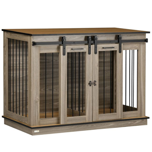 PawHut Dog Crate Furniture for Large Dogs, Double Dog Cage for Small Dogs, with Sliding Doors - Oak Tone