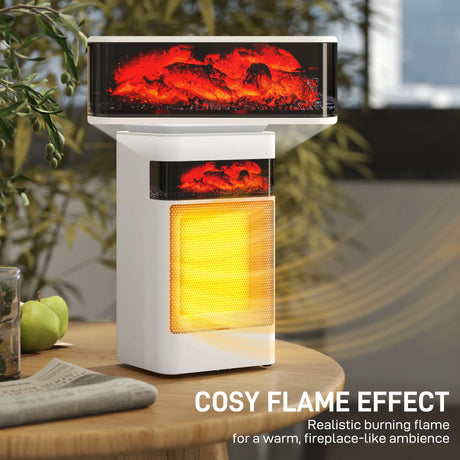 HOMCOM Ceramic Electric Heater, 1500W Fan Space Heater with 3 Modes, 24H Timer, Flame Effect, Oscillation for Bedroom, White