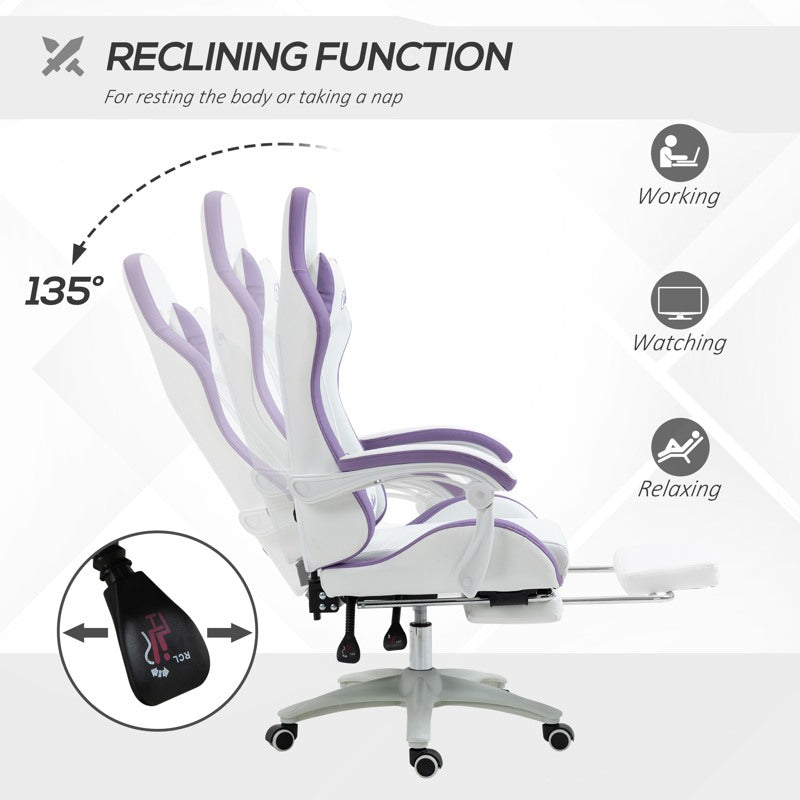 Vinsetto Computer Gaming Chair, PU Leather Desk Chair with Footrest, Swivel Task Chair with 135° Reclining Back and Lumbar Support, PC Chair for Adults, White and Purple