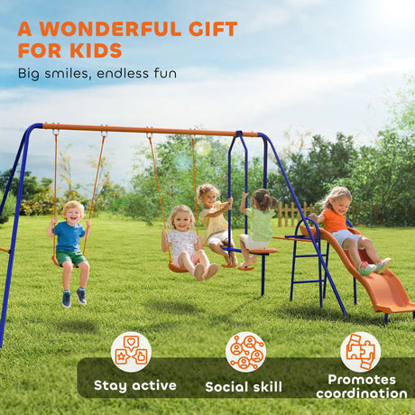 Outsunny Four-In-One Metal Garden Swing Set, with Double Swings, Glider, Slider, Ladder - Orange and Blue