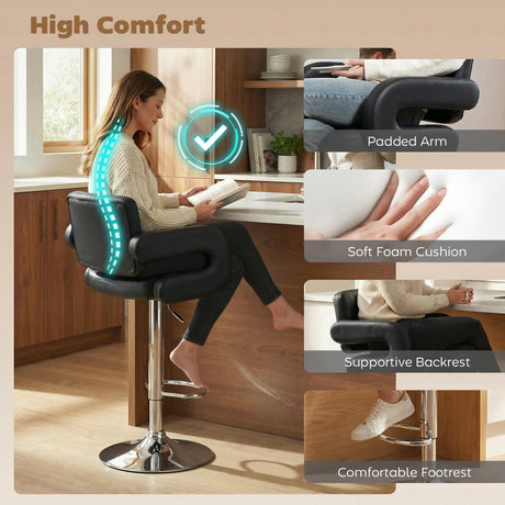 HOMCOM Bar Stools Adjustable Swivel Kitchen Chairs with Backrest Armrest Set of 2 PU Leather Black