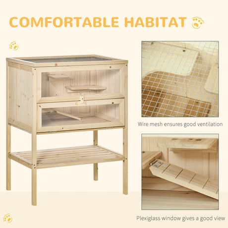 PawHut Wooden Hamster Cage with Storage Shelf, Small Animal Exercise Play House with Openable Top, for Hamsters, Gerbils, 60 x 40 x 80 cm - Natural