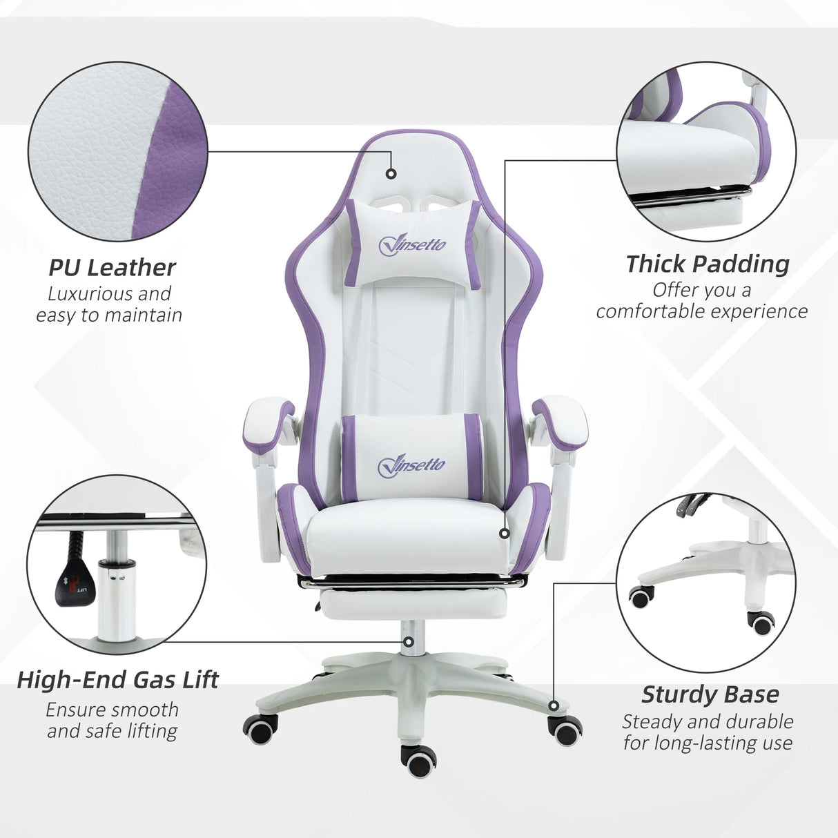 Vinsetto Computer Gaming Chair, PU Leather Office Desk Chair with Footrest, Swivel Wheels, 135 Reclining Back, Lumbar Support, Headrest for Home, White and Purple