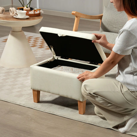 HOMCOM 16L Linen Storage Ottoman Padded Footstool with Rubberwood Legs for Storage Box, Bed End, Shoe Bench, Seating, Beige