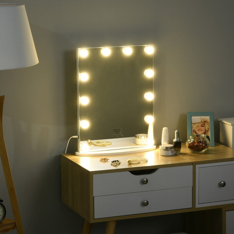 HOMCOM Hollywood Mirror with Lights for Makeup Dressing Table, Lighted Vanity Mirror with 12 Dimmable LED Bulbs and USB Plug in Power Supply, White