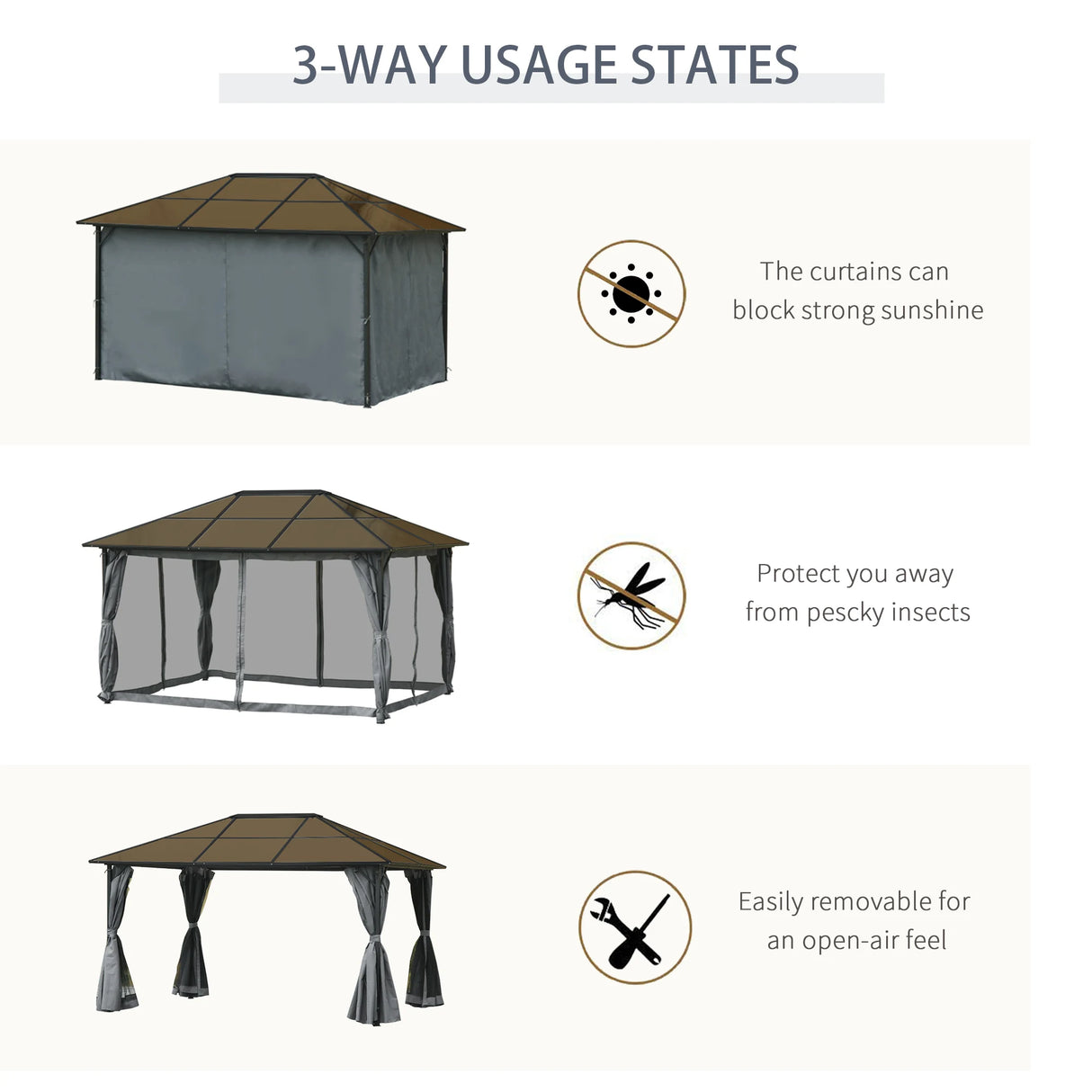 Outsunny 3 x 4m Hardtop Gazebo Canopy with Polycarbonate Roof, Aluminium Frame, Permanent Pavilion Garden Gazebo with Netting and Curtains - Grey