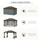 Outsunny 3 x 4m Hardtop Gazebo Canopy with Polycarbonate Roof, Aluminium Frame, Permanent Pavilion Garden Gazebo with Netting and Curtains - Grey