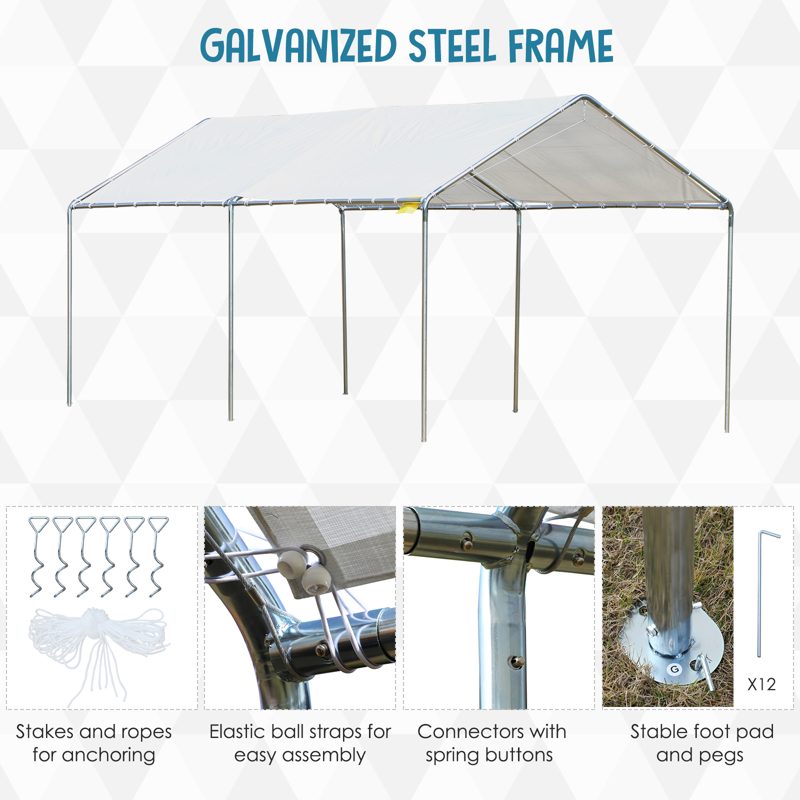 Outsunny 3 x 6m Heavy Duty Carport Garage Car Shelter Galvanized Steel Outdoor Open Canopy Tent Water UV Resistant Waterproof, White