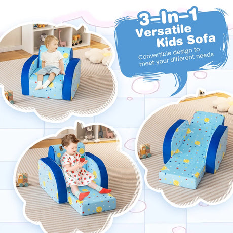 3-in-1 Convertible Kid's Sofa Lounger Bed with Padding and Armrests-Blue