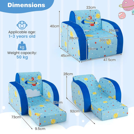 3-in-1 Convertible Kid's Sofa Lounger Bed with Padding and Armrests-Blue