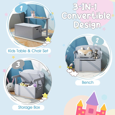 Kids Convertible Activity Bench Table with Toy Storage Box for Kindergarten Art Playroom-Grey