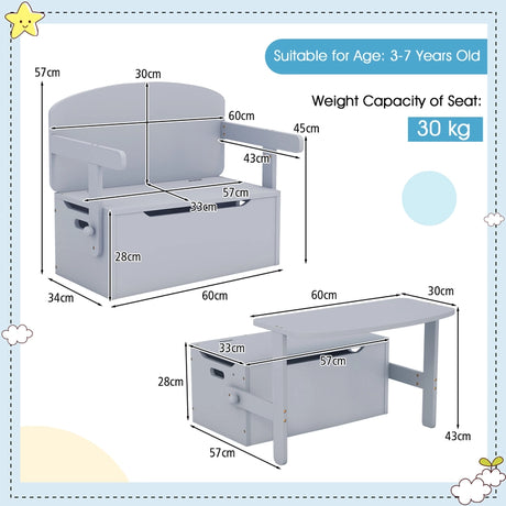 Kids Convertible Activity Bench Table with Toy Storage Box for Kindergarten Art Playroom-Grey