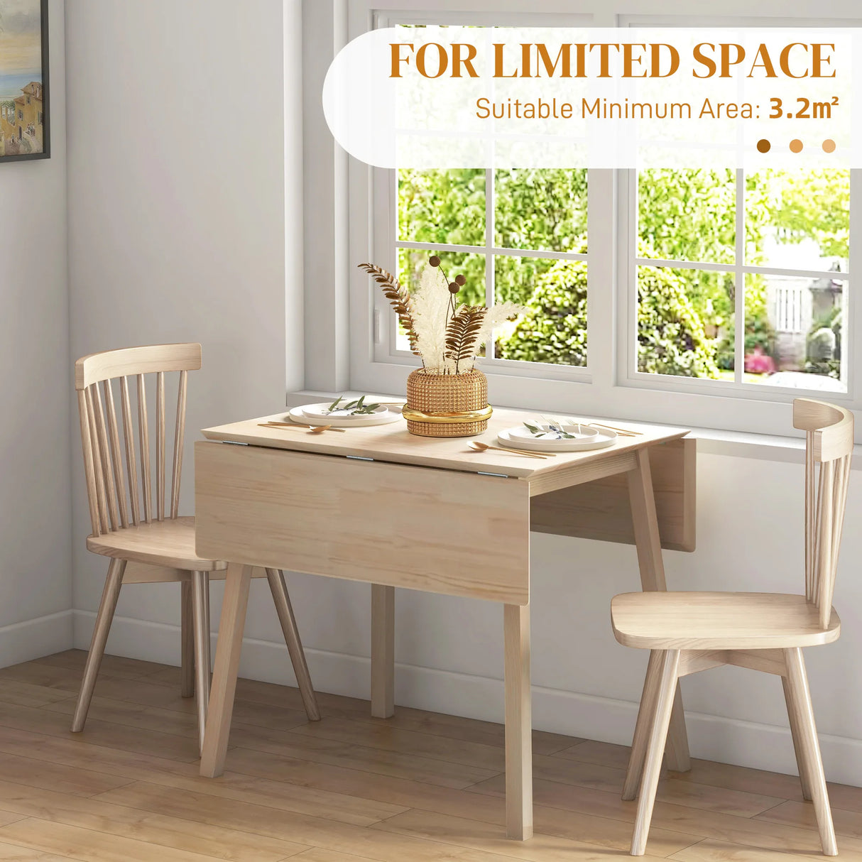 HOMCOM Solid Wood Folding Dining Table, Drop Leaf Table for 2-4 People,  Rectangle Kitchen Table for Small Space, Natural Wood Finish