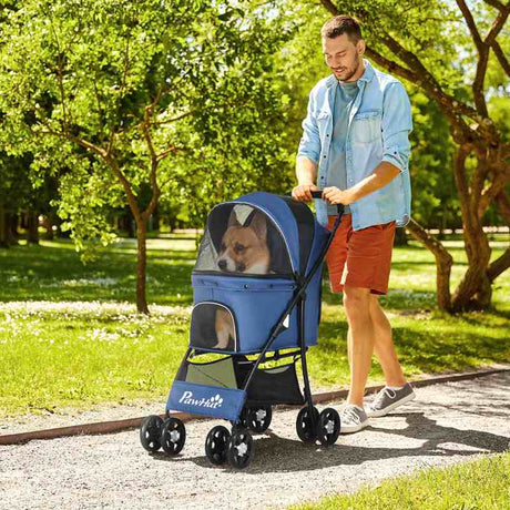 PawHut Foldable Pet Stroller for Dogs, Puppy Stroller, with Large Carriage, Brakes, Canopy - Blue