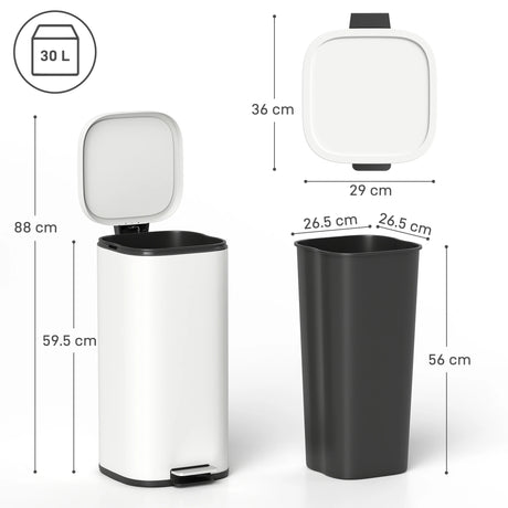 HOMCOM 30L Kitchen Bin, Compact Pedal Bin with Soft-Close and Stay-Open Lid, Removable Bucket for Kitchen, Home, Office, Cream