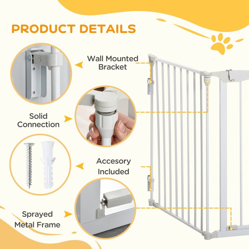 PawHut Pet Safety Gate, 3 Panels Playpen Fireplace, Metal Fence, Stair Barrier, Room Divider w/ Walk-Through Door - White