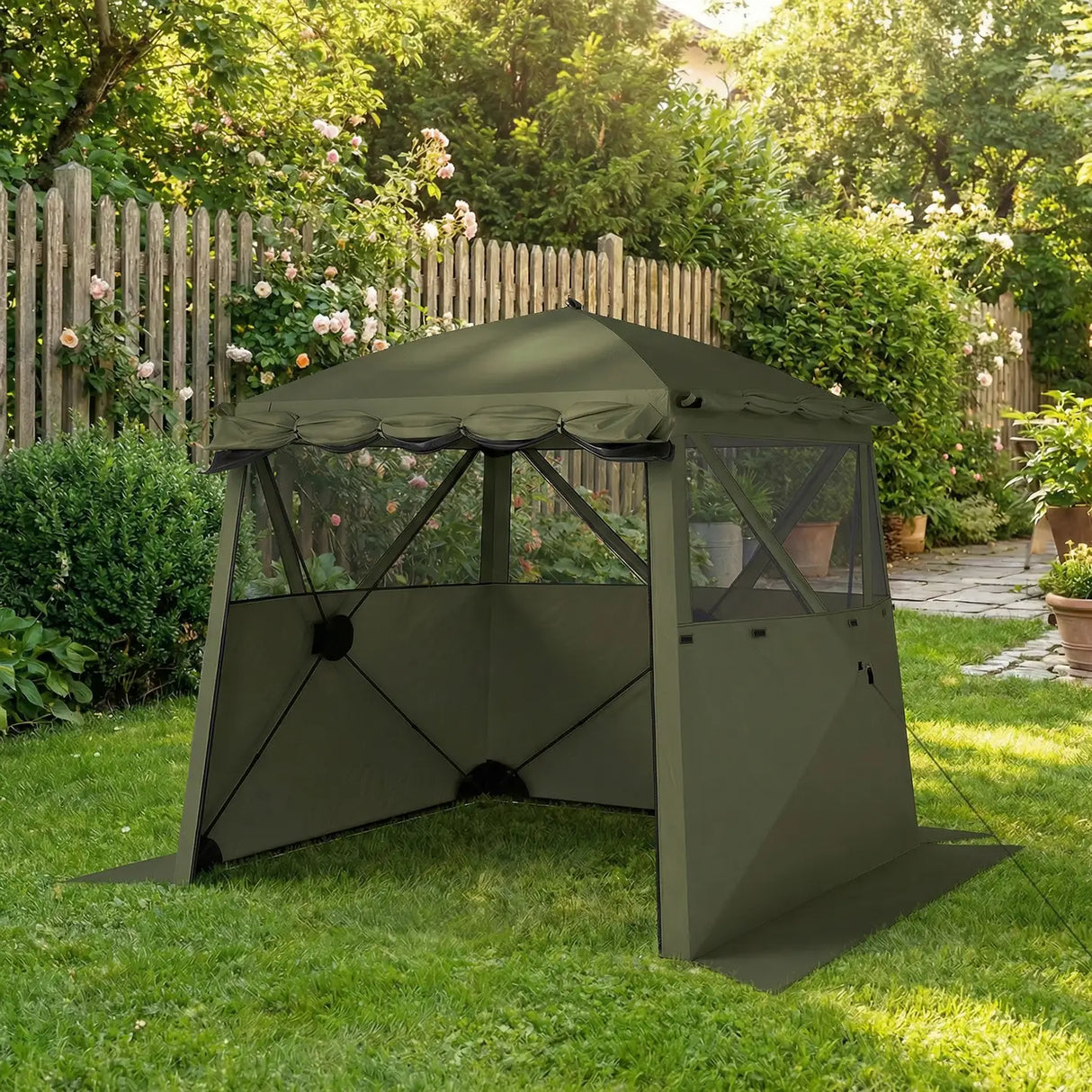 Outsunny Pop Up Gazebo Waterproof Instant Shelter with Awning Mesh Windows for Camping Patio 2 x 2 m, Army Green