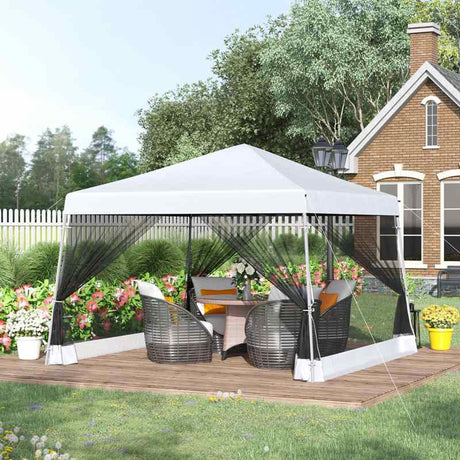 Outsunny Outdoor Garden Pop-up Gazebo Canopy Tent Sun Shade Event Shelter Folding with Adjustable Height, Mesh Screen Side Walls 3.5 M × 3.5 M Base / 3 M × 3 M Top, White