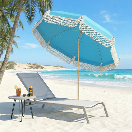 Outsunny 1.7 m Beach Umbrella with Sand Anchor, 30 Tilting Fringed Beach Garden Parasol with Adjustable Height, Grey
