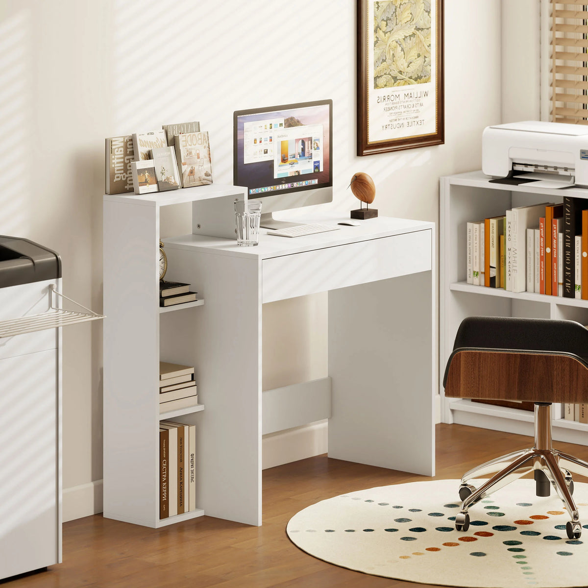 HOMCOM Desk with Storage, Computer Desk with 3 Open Shelves and Drawer, Workstation, Computer Table, White