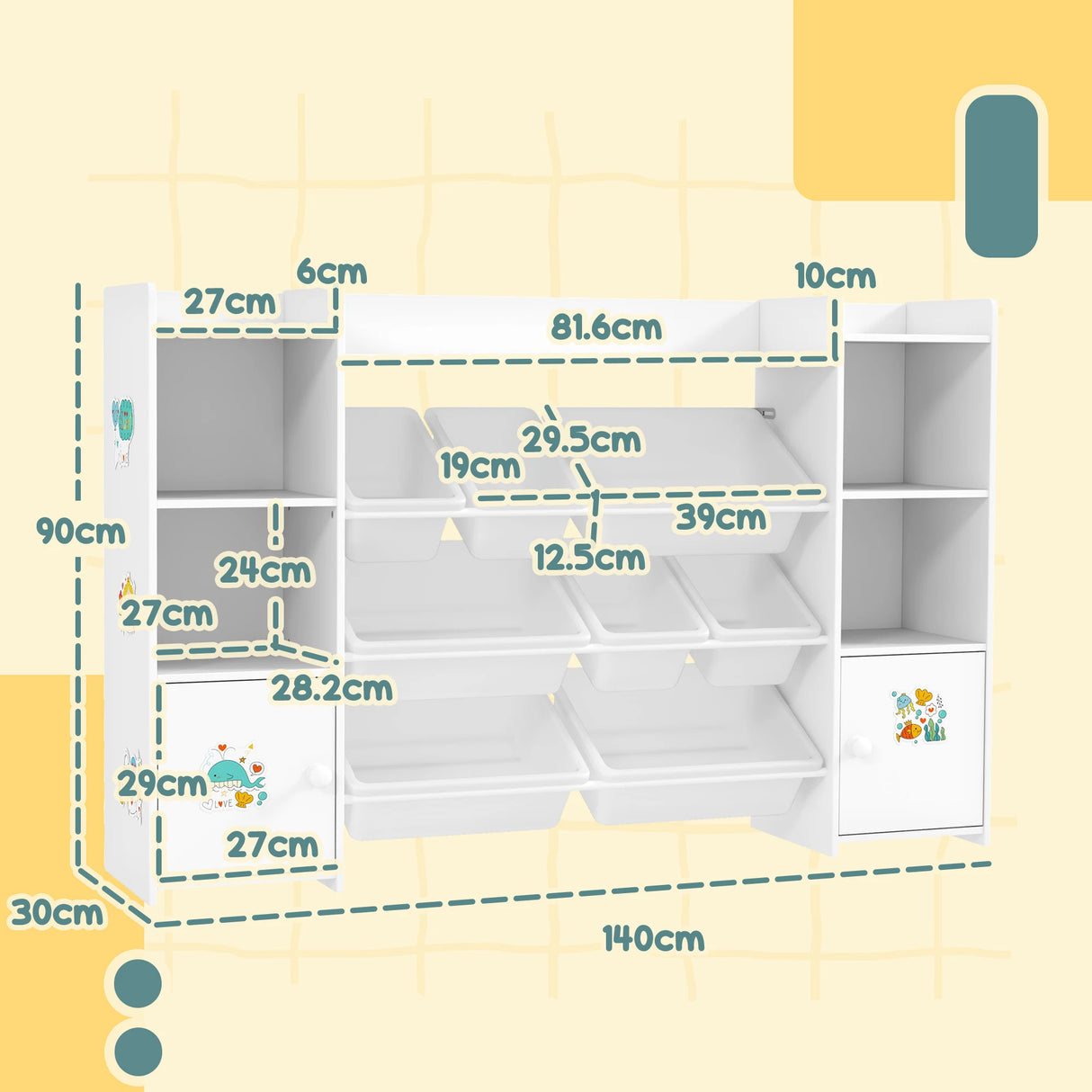 AIYAPLAY Kids Toy Organizers and Storage with 8 Removable Storage Bins and Bookshelf, White