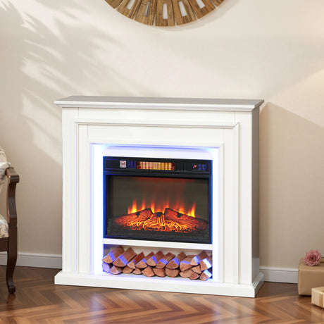 HOMCOM Electric Fireplace with RGB LED Lights, Realistic Flame Effect & 3 Brightness Levels, 1800W Inset Electric Fire and Mantel Reach up to 30 m2 Space with Remote & Timer for Living Room, White