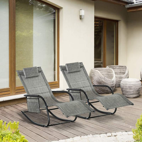 Outsunny 2PCs Outdoor Garden Rocking Chair, Patio Sun Lounger Rocker Chair with Breathable Mesh Fabric, Removable Headrest Pillow, Armrest, Side Storage Bag, Dark Grey