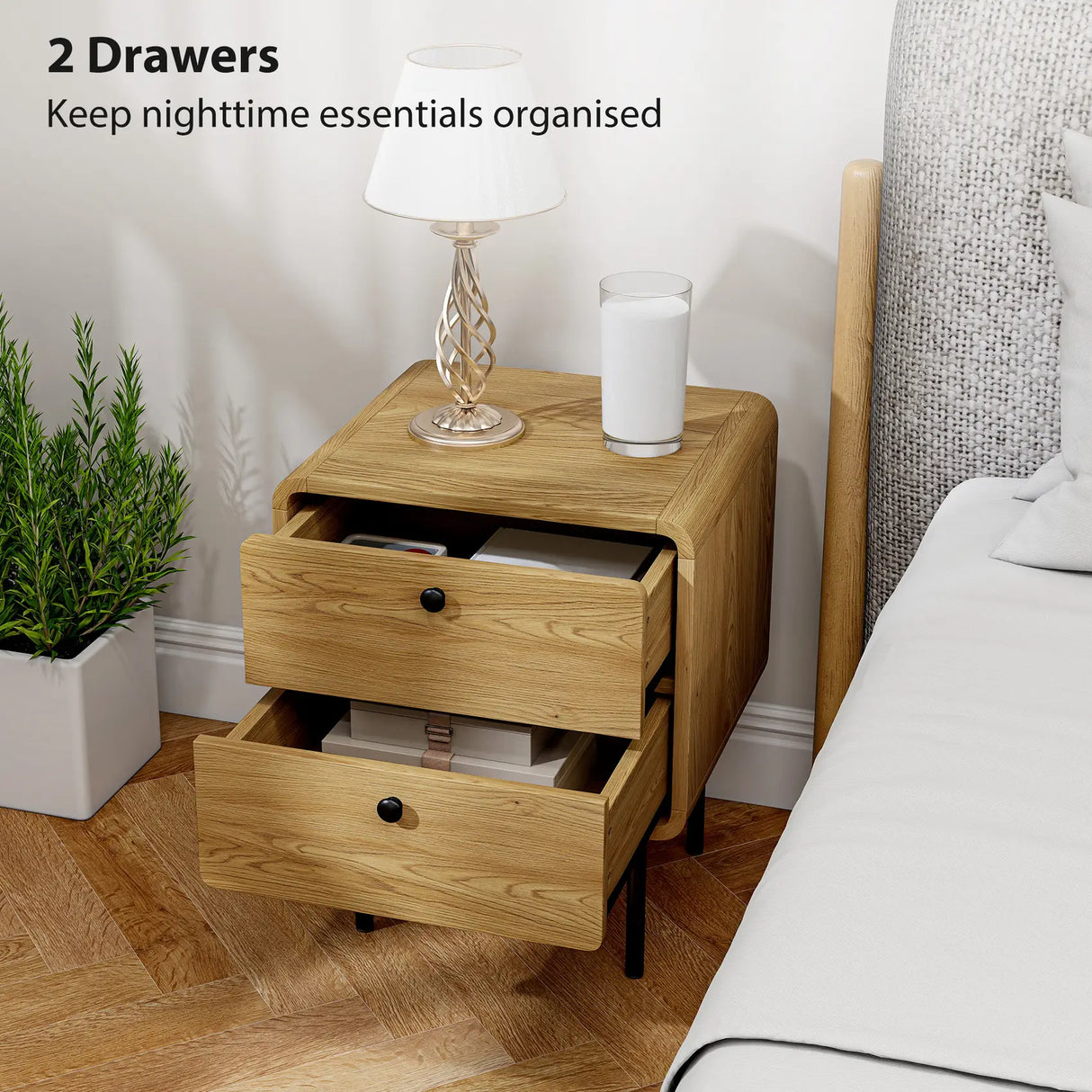 HOMCOM Bedside Table with 2 Drawers and Steel Legs - Oak