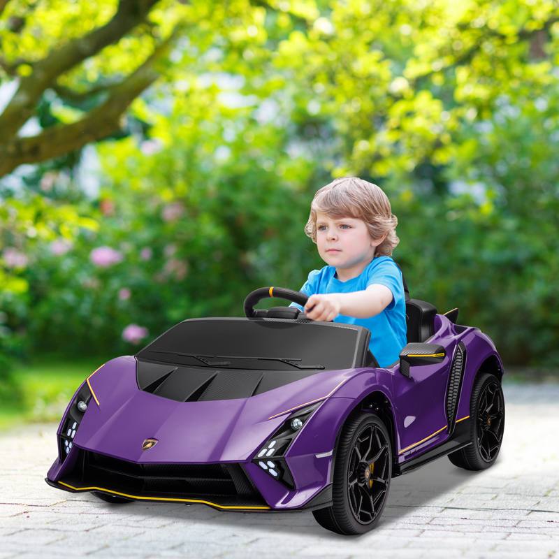 AIYAPLAY 12V Lamborghini Autentica Licensed Kids Electric Car with Remote Control, 4 Suspension Wheels, Soft Start, Purple