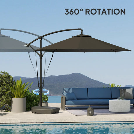 Outsunny 3(m) Garden Cantilever Parasol with Fillable Base up to 90kg, Wind Protection Strap, Cover, Round Banana Hanging Umbrella with Crank Handle and Tilt, UPF50+ Patio Umbrella, Grey