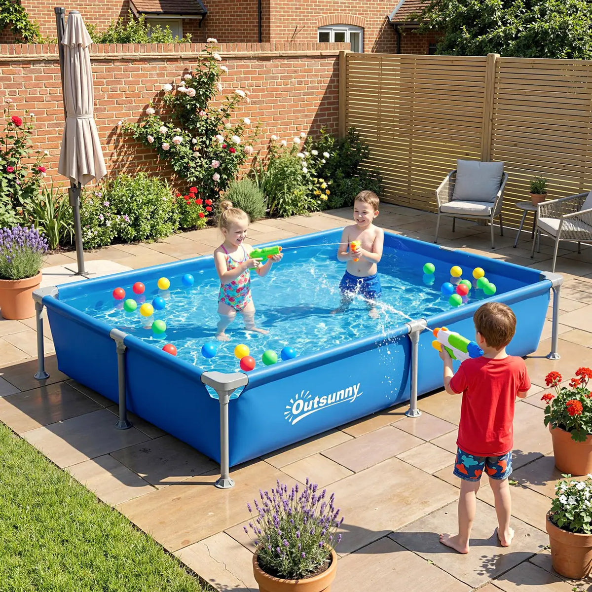 Outsunny Metal Frame Swimming Pool, Rectangular Above Ground Frame Pool with Repair Patch, 229 x 160 x 43 cm, Blue