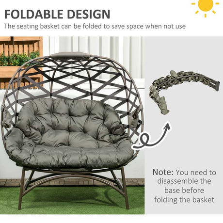 Outsunny 2 Seater Egg Chair Outdoor, Folding Weave Garden Furniture Chair with Cushion, Cup Pockets - Sand Brown